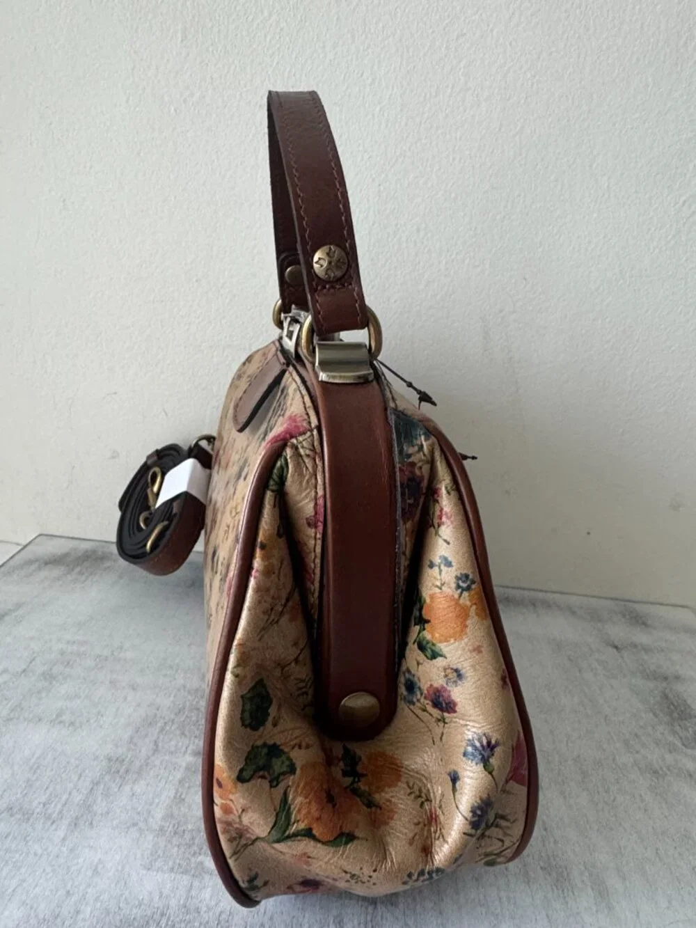 Patricia Nash Gracchi Prairie Rose Tan Framed Leather Satchel Xbody Floral